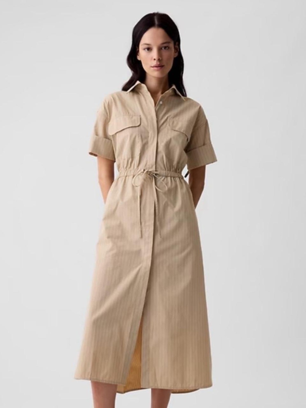 Gap Women’s Khaki Striped Midi Shirt Dress Size Medium